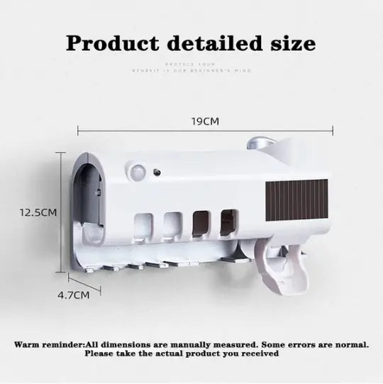 White plastic uv sterilizer toothbrush holder and dispenser with sleek modern design and integrated solar-powered charging panel.