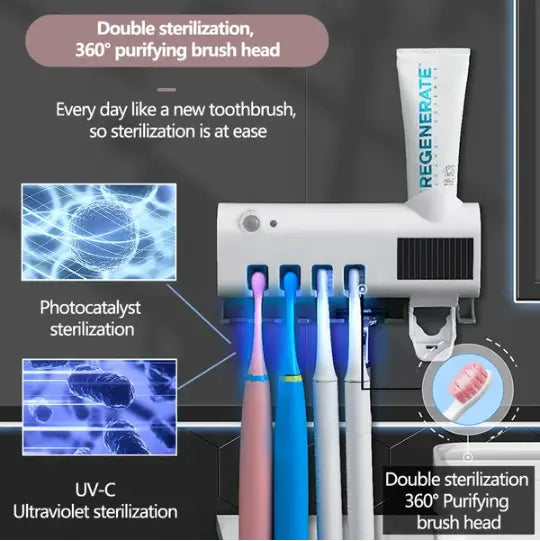 White uv sterilizer toothbrush holder and dispenser with solar panel and dual sterilization features holding four colorful electric toothbrushes.