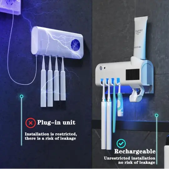 White wall-mounted uv sterilizer toothbrush holder with built-in solar panel and usb charging port for rechargeable electric toothbrushes.