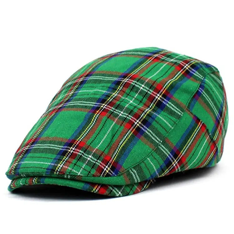 Green plaid painter hat navy blue flat cap featuring red blue and white stripes.