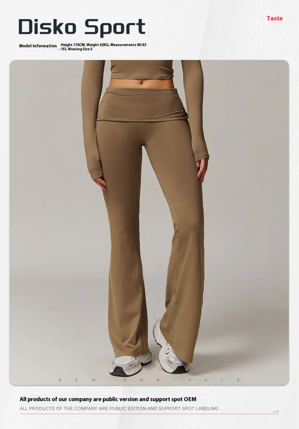 pantalones de yoga acampanados de cintura alta en color arena con mangas largas y ajuste de cintura alta diseñado para uso atlético