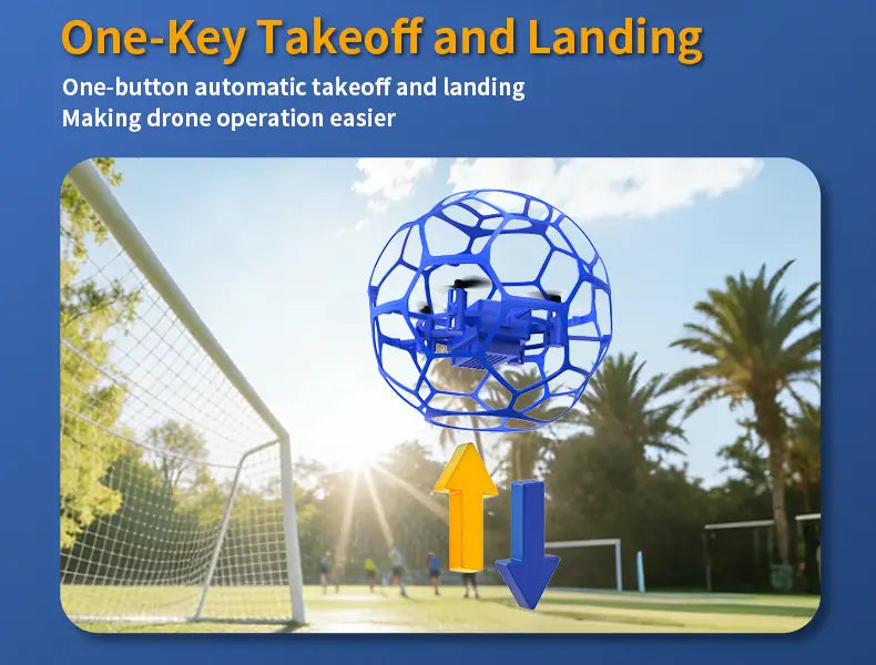 blue spherical k26 football drone with honeycomb-like cage frame and visible propellers designed for one-button takeoff and landing with dual battery system