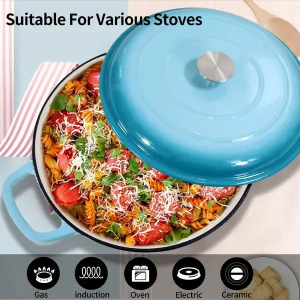 Blue enameled cast iron braiser 3.8 qt casserole pot with a silver knob and black rim.