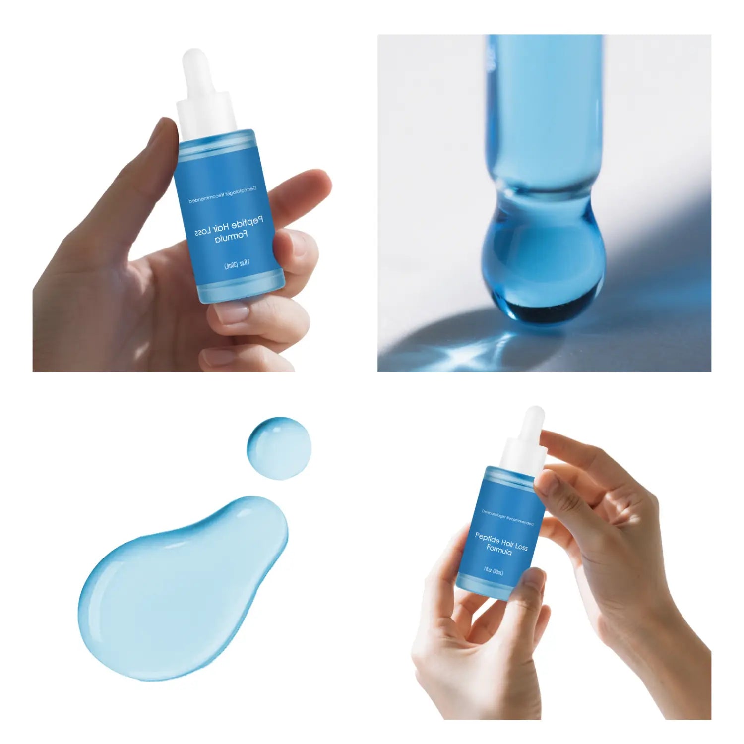 Blue glass dropper bottle with white cap and label reading peptide hot liss formula containing blue copper peptide hair growth serum 30ml.