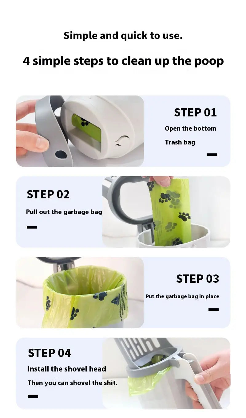 White plastic integrated cat litter scoop with gray handle and green paw print patterned trash bag for pet waste disposal.