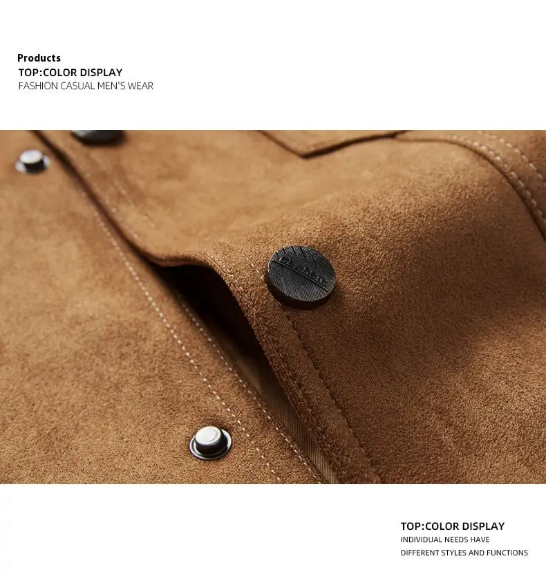 Manteau en suède décontracté ajusté pour homme en brun, avec des boutons noirs et argentés.