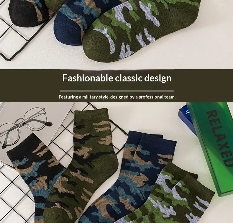 Camouflage military training socks for men featuring five pairs in olive green navy blue and black with tan and white accents designed for durability and comfort.