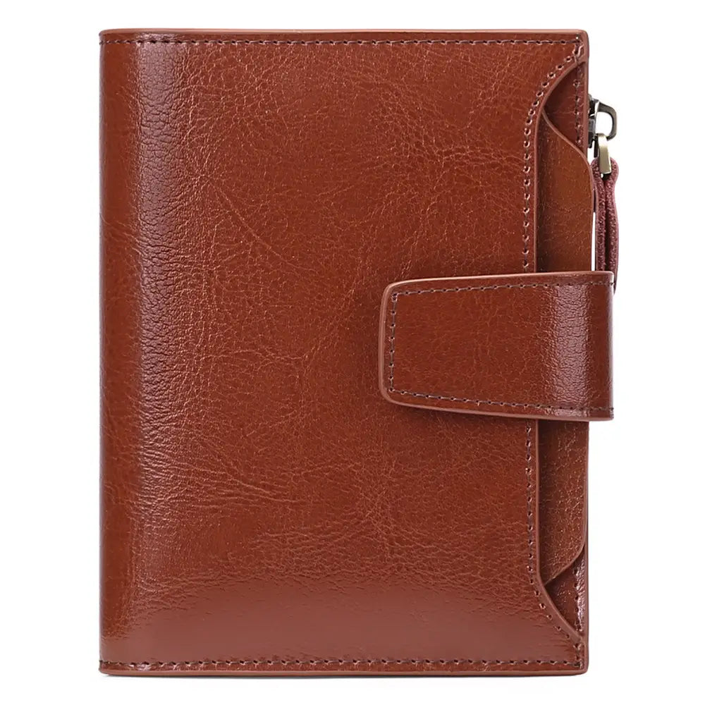 brown leather rfid wallet with flap closure and side zipper featuring anti theft protection