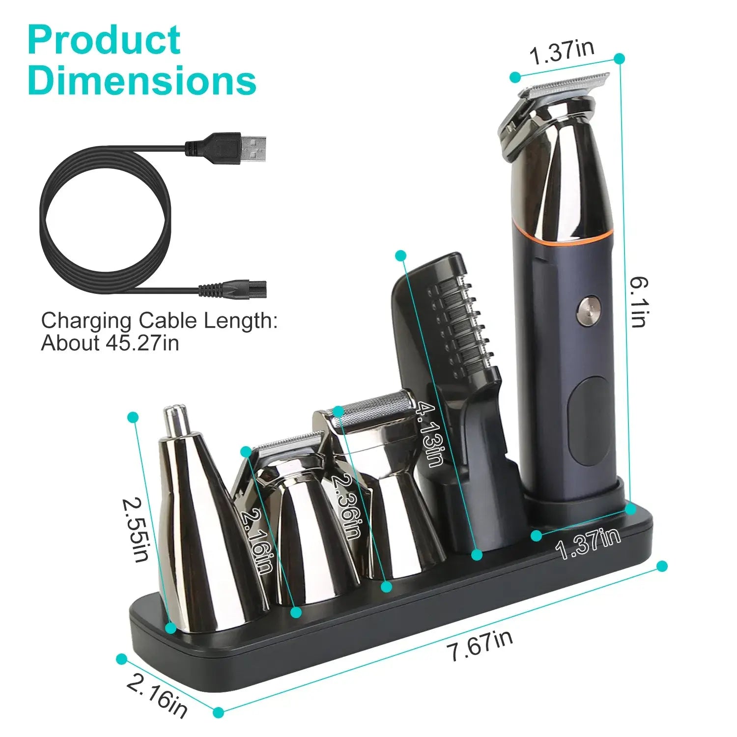 Schwarzer und silberner elektrischer Barttrimmer für Männer, 5-in-1-Wasserschutz-Set, mit mehreren Aufsätzen für präzises Trimmen und Pflegen.