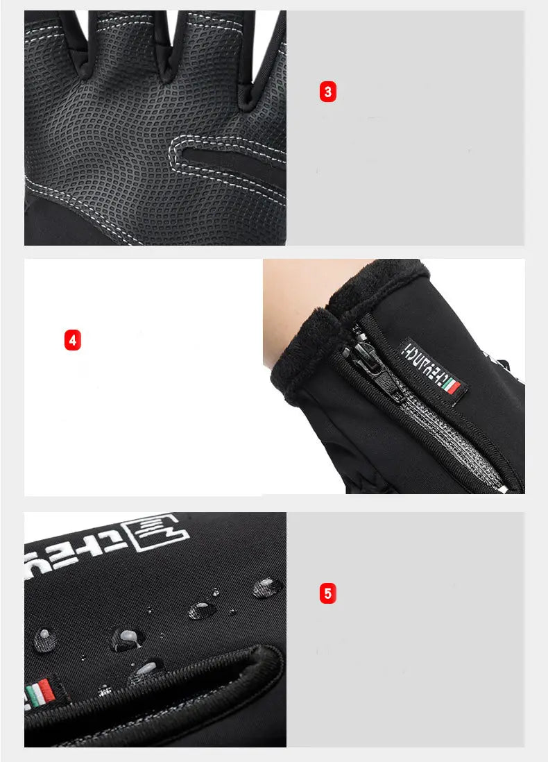 Black waterproof touchscreen winter cycling glove with reinforced mesh and zipper closure shown from the back side.