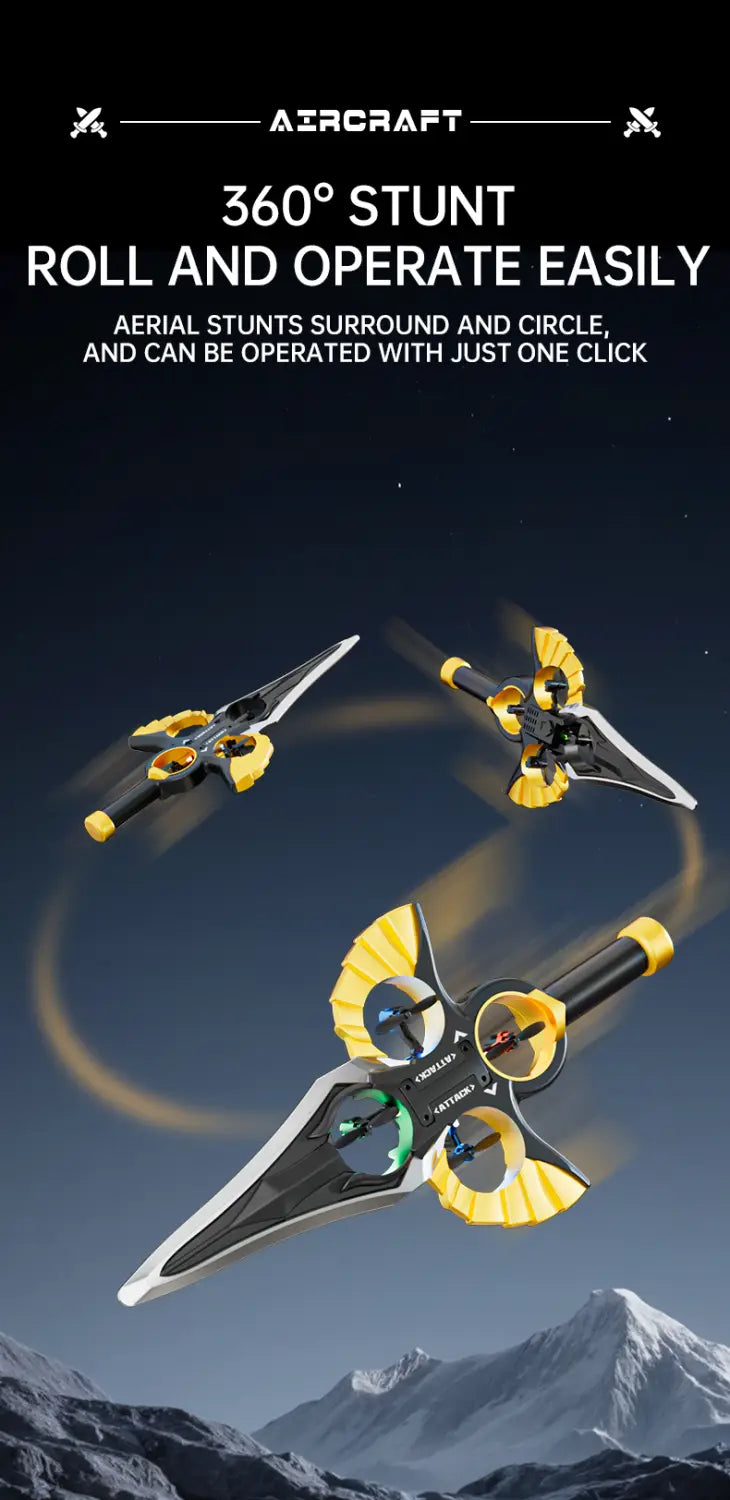 yellow and black flying sword drone gold robot battery kids toy with a sleek futuristic design and four propellers
