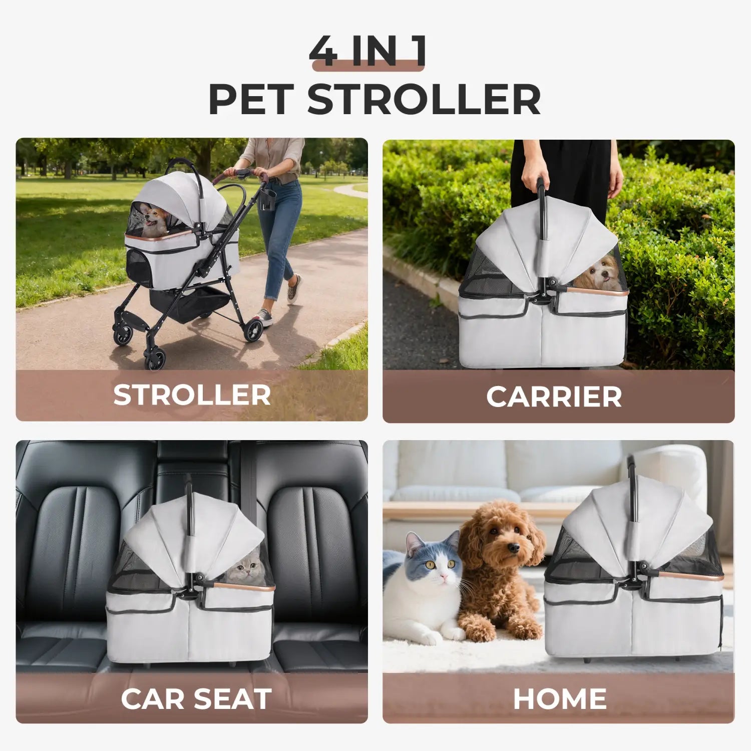 white and black foldable 4-in-1 pet stroller with mesh window convertible to carrier or car seat for small dogs and cats shown from the back side