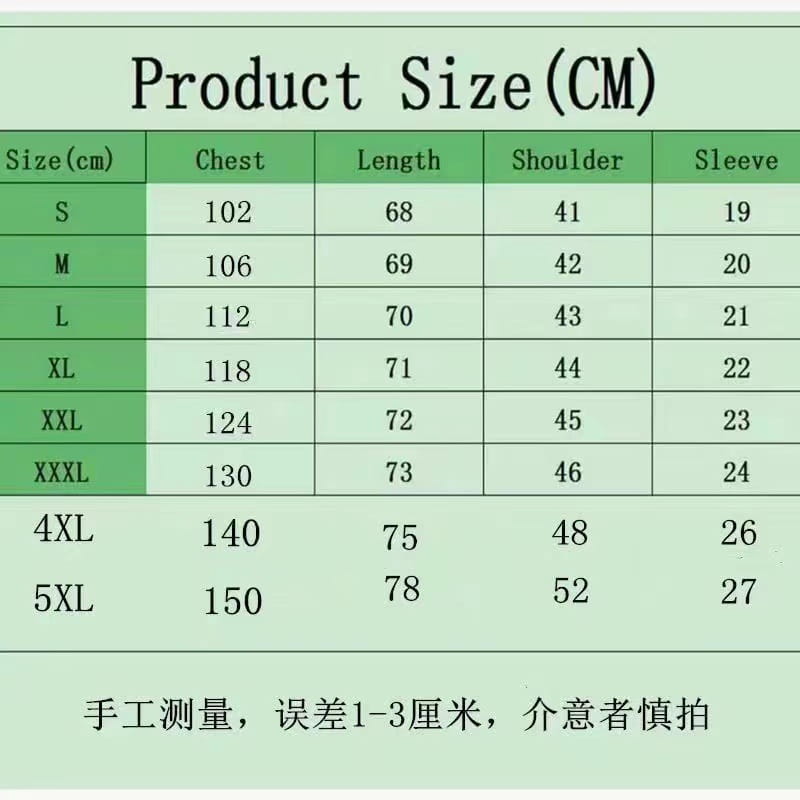 table verte affichant un tableau des tailles de produit en centimètres pour une chemise en lin boutonnée, ample et décontractée pour homme, avec mesures de la poitrine, de l’épaule et des manches, du format S à 5XL
