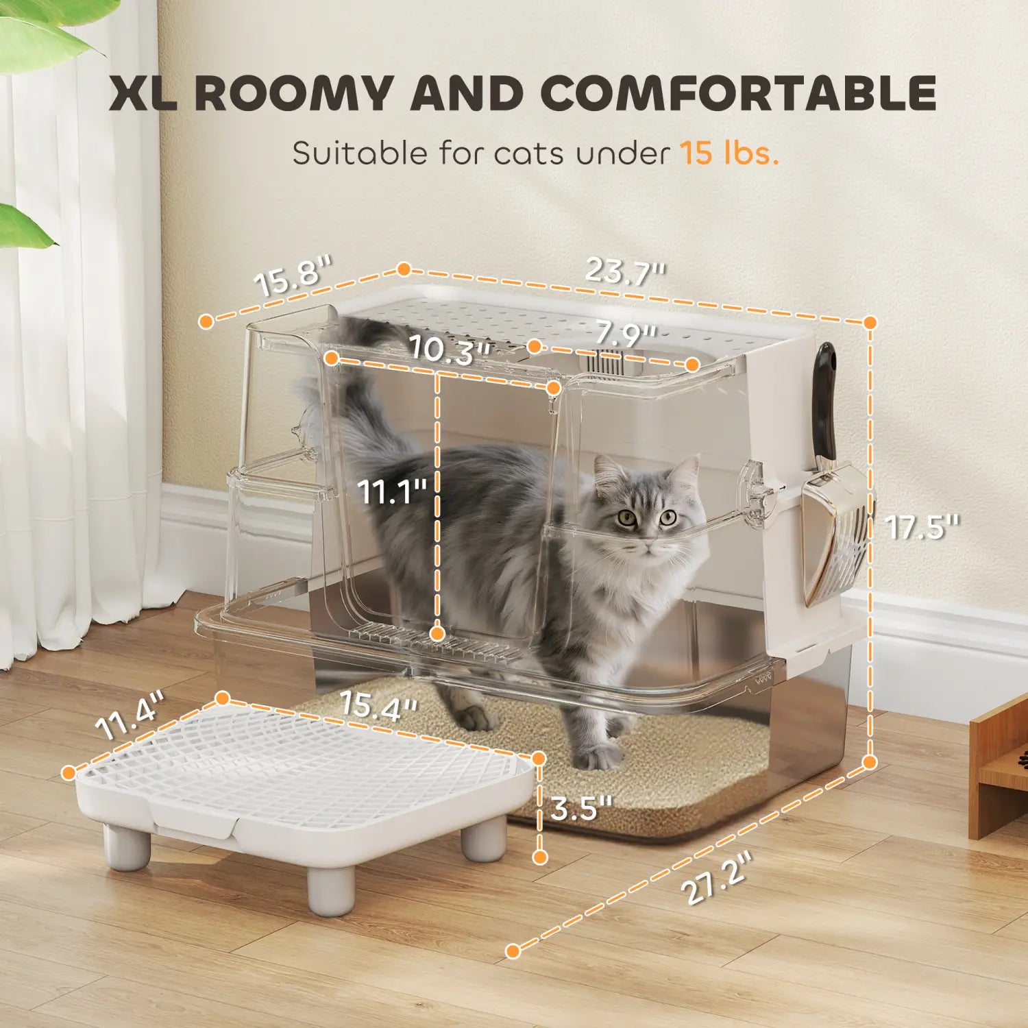 Stainless steel xl enclosed cat litter box with clear plastic removable tray white base side panel and built-in scratching surface.