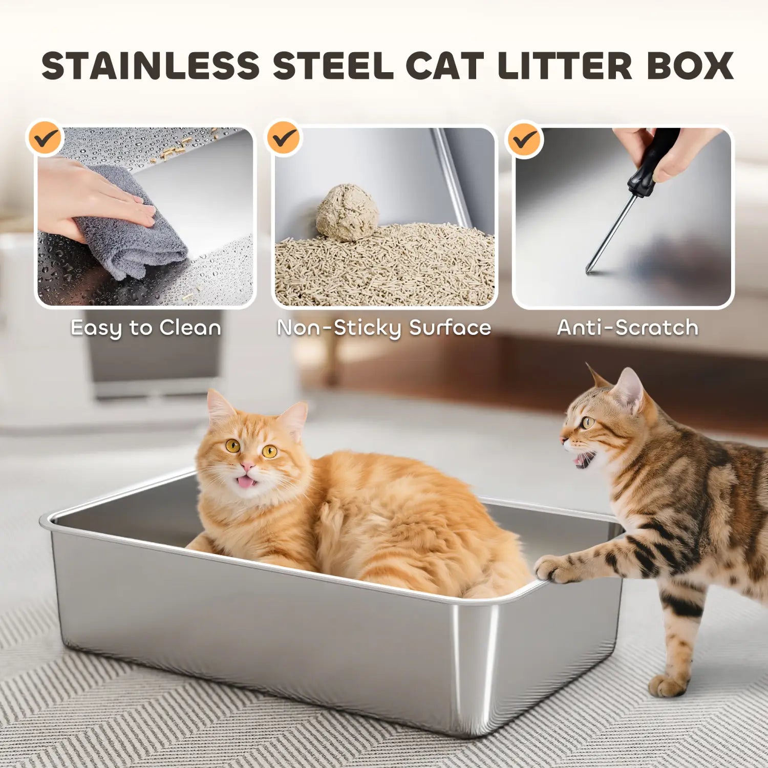 Rectangular stainless steel xl enclosed cat litter box with a sleek reflective surface and rounded corners designed for durable pet hygiene.