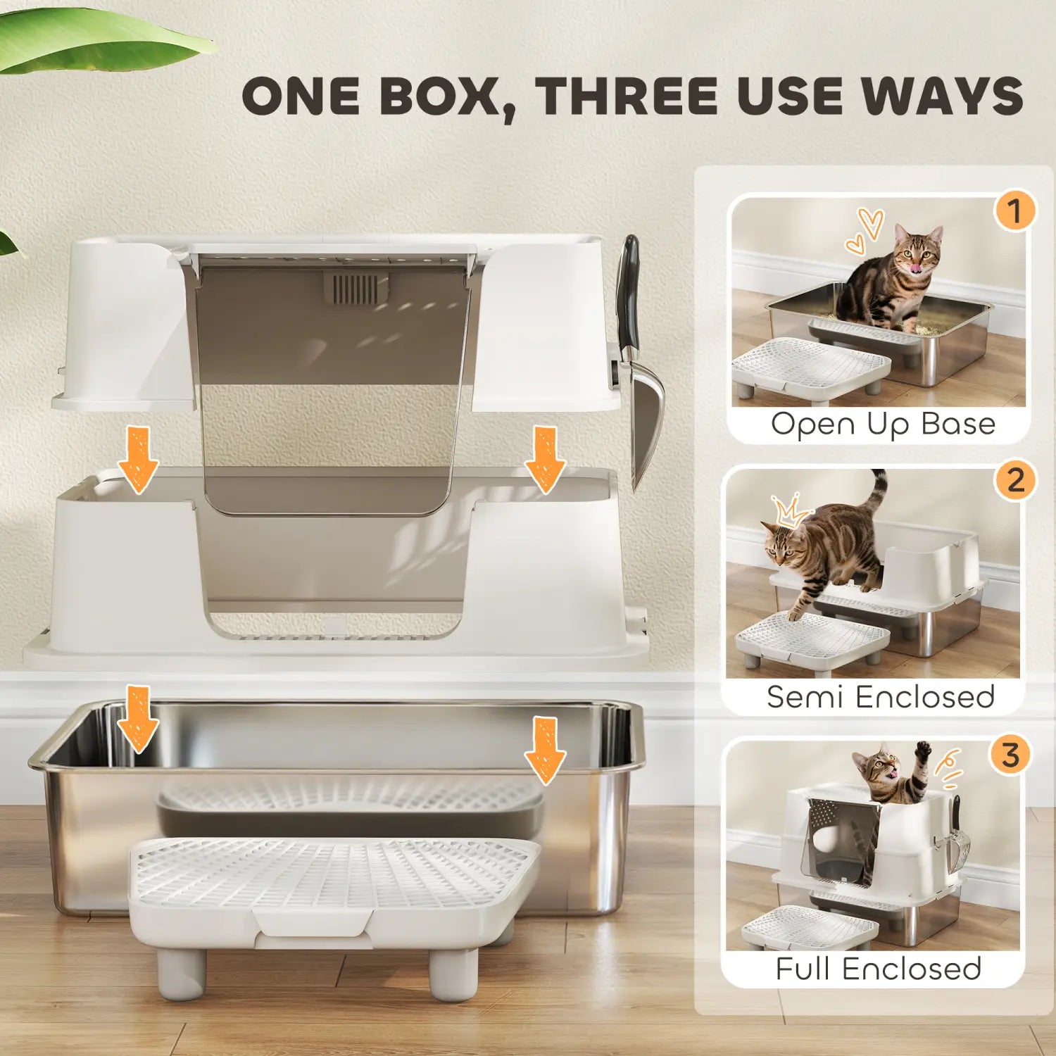 White and stainless steel multi-use enclosed cat litter box with three adjustable configurations titled Stainless Steel XL Enclosed Cat Litter Box.