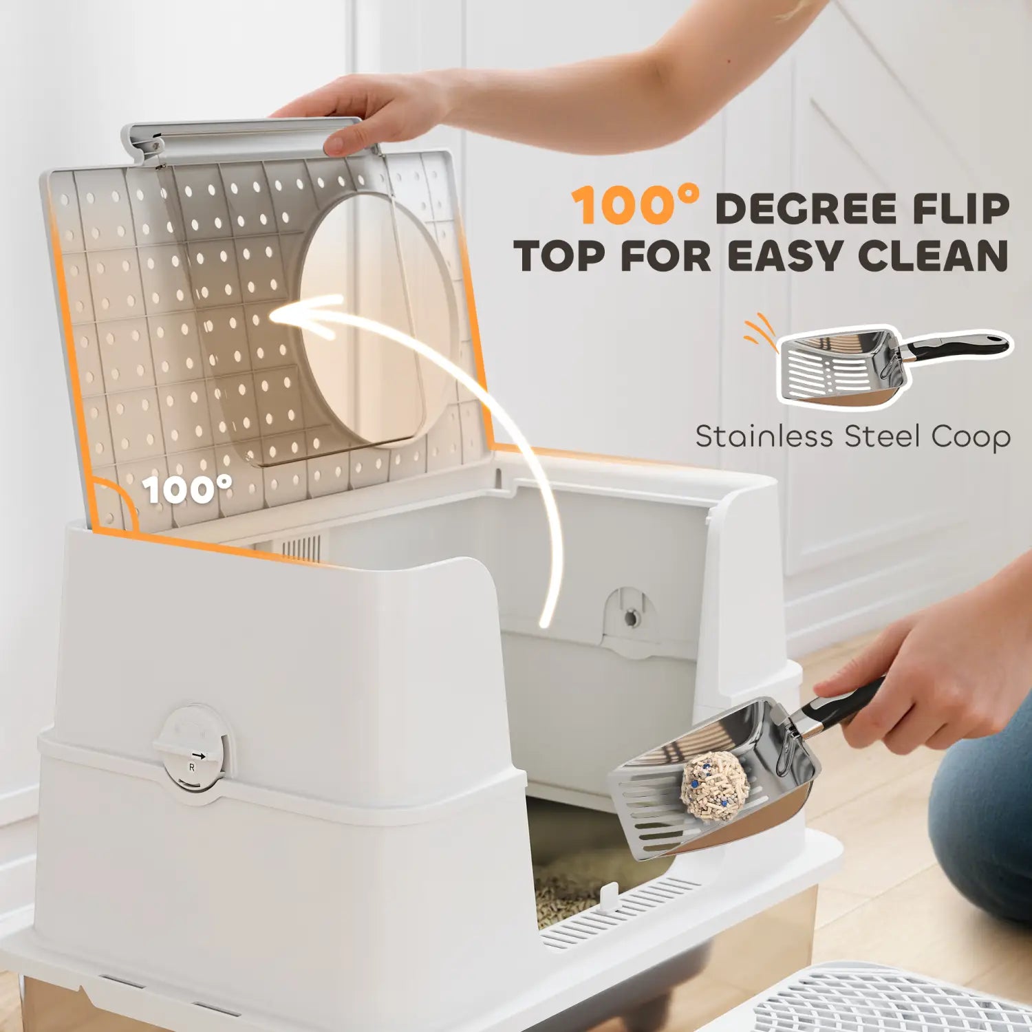white plastic enclosed cat litter box with a 100-degree flip-top lid and orange accent trim designed as an xl stainless steel alternative.