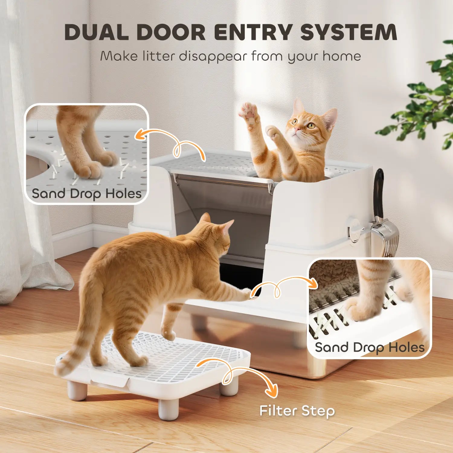 white plastic dual-door cat litter box with sand drop holes and filter step shown from the back side in a product titled stainless steel xl enclosed cat litter box