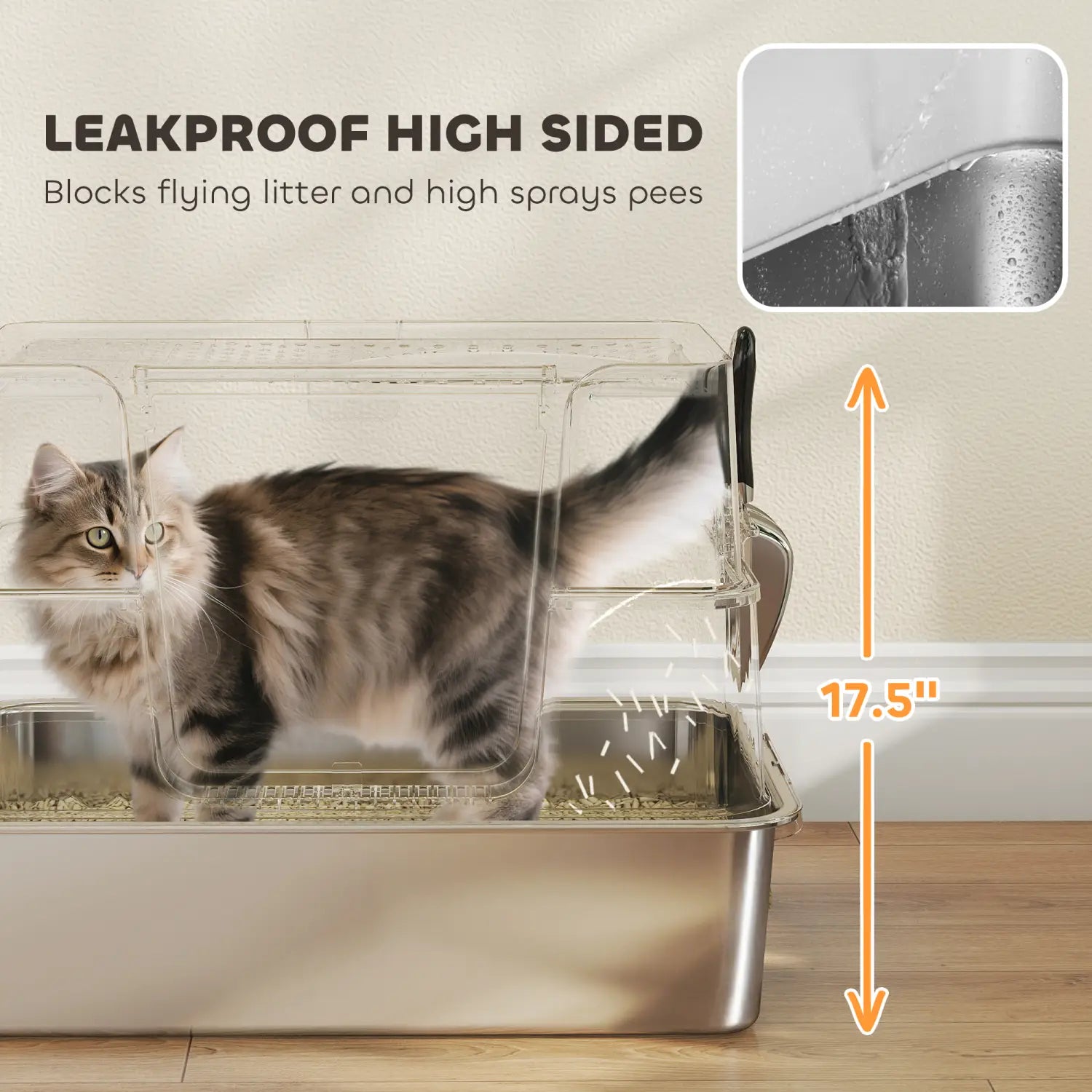 Stainless steel XL enclosed cat litter box with clear plastic high sides and leakproof transparent top section, featuring a solid metal base and 17.5-inch height for effective waste containment.