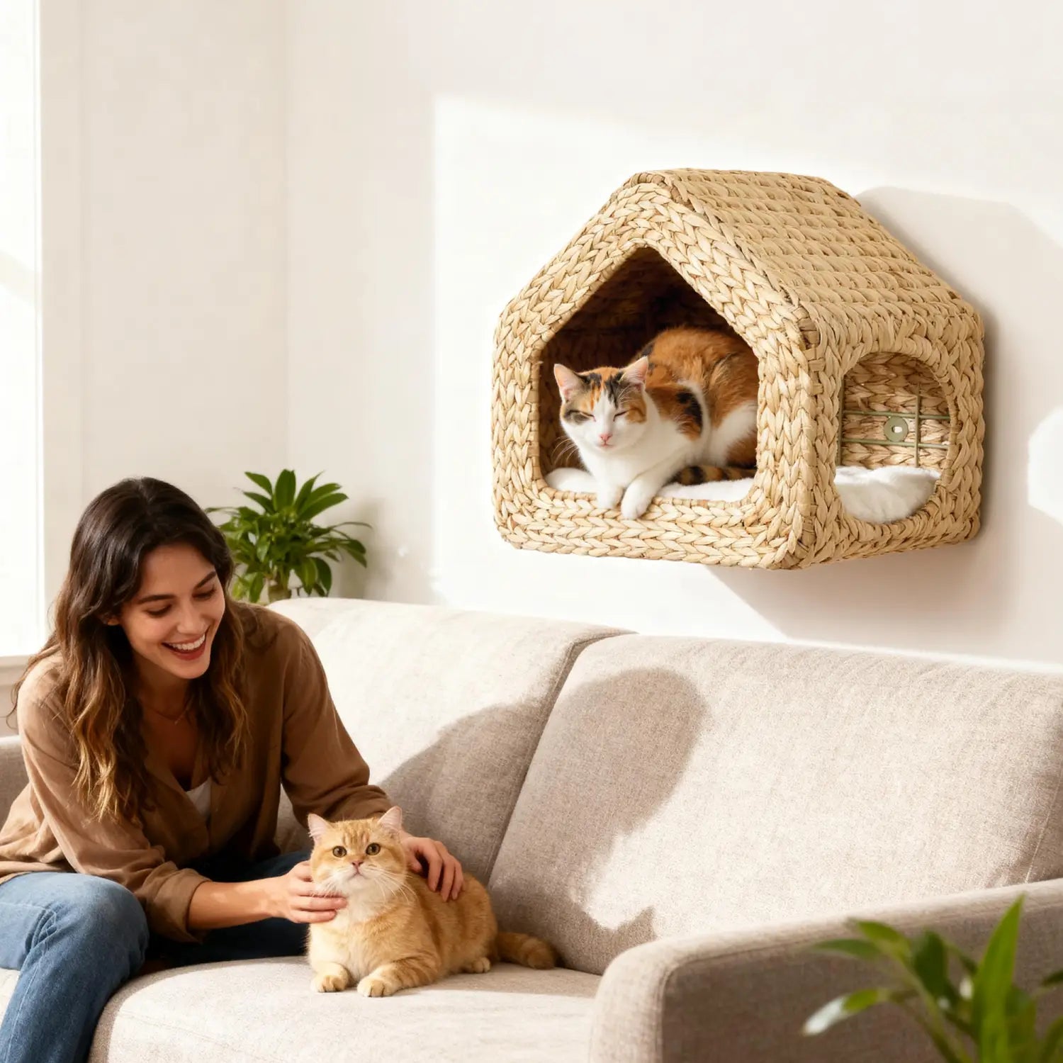 Maison pour chat tissée à monter au mur, en paille naturelle, avec un intérieur douillet et un rembourrage moelleux pour un repos confortable de l’animal.