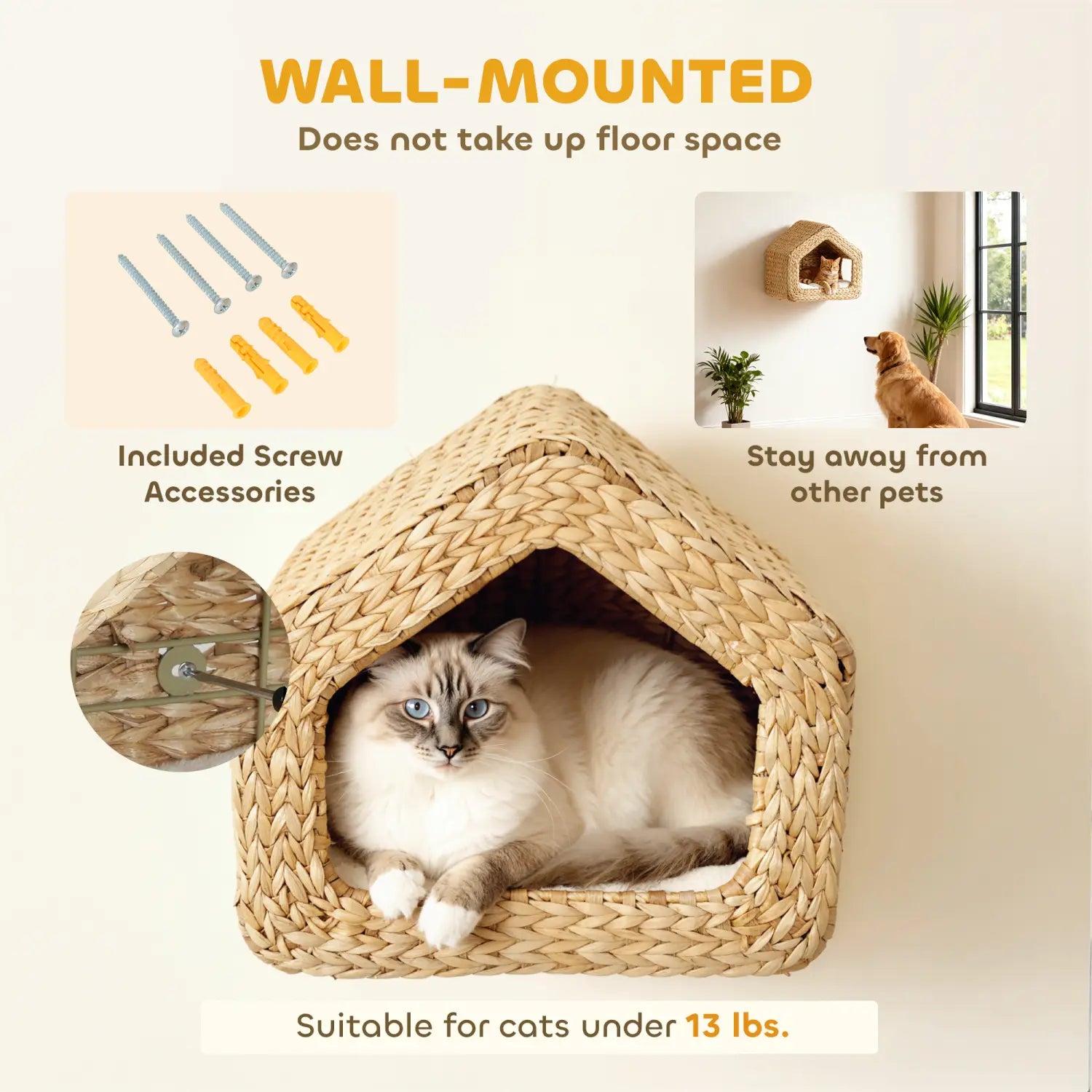 Maison pour chat tissée à monter au mur en osier beige, avec un intérieur garni d’un coussin douillet, conçue pour les chats de moins de 5,9 kg.