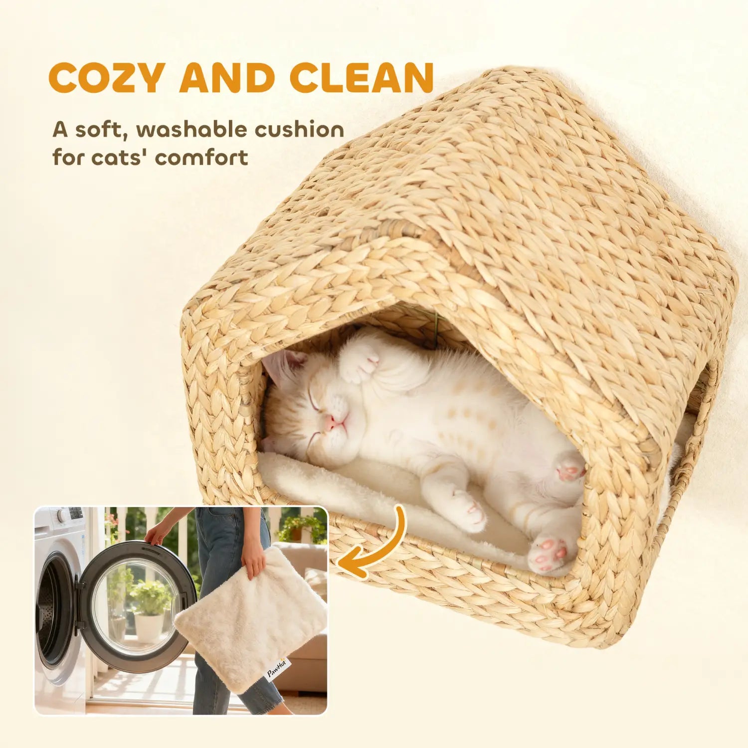 Maison pour chat tissée en paille beige à monter au mur, en osier, avec un coussin blanc doux à l’intérieur pour permettre à l’animal de se reposer confortablement.