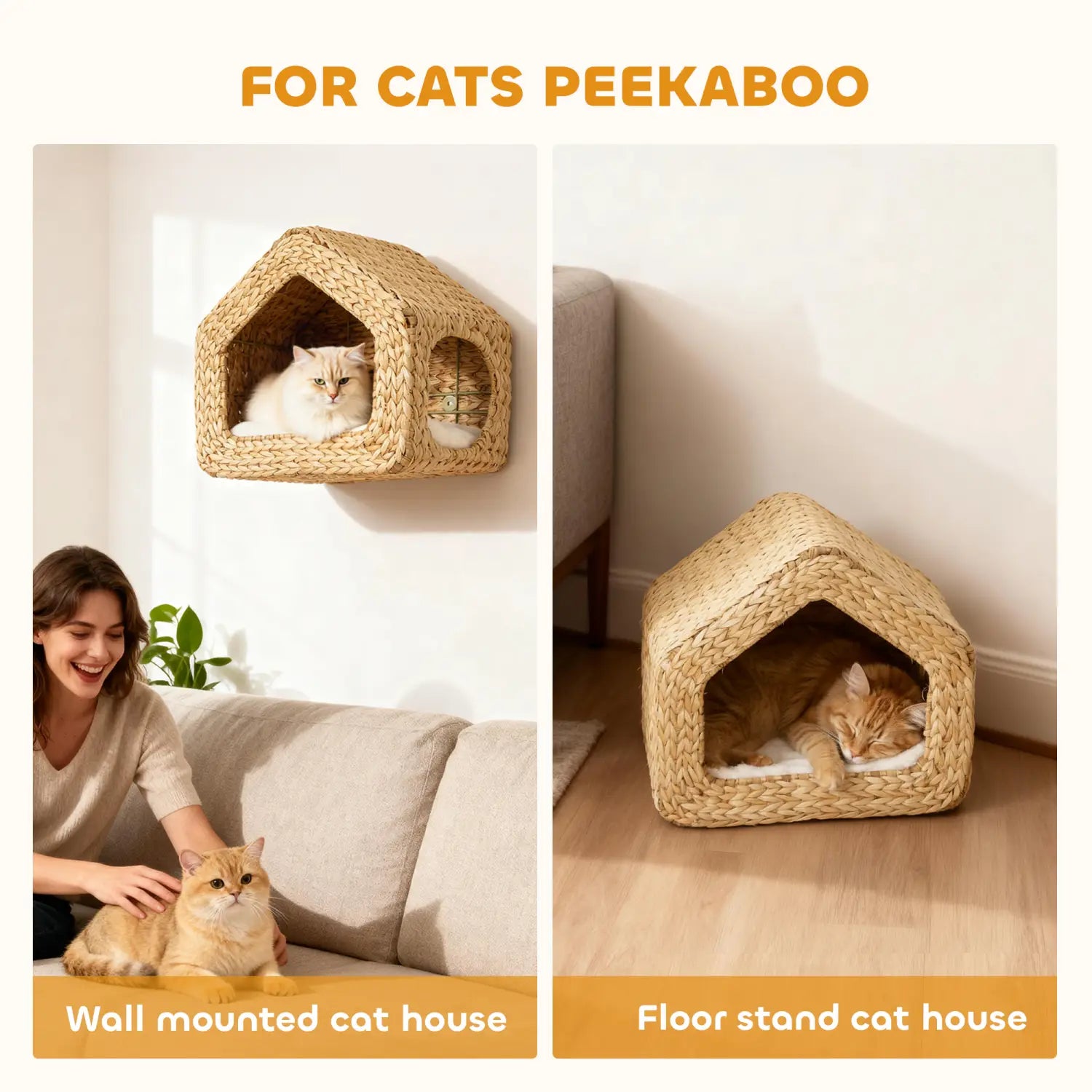 Maison pour chat tissée à monter au mur avec coussin en osier naturel, présentant un intérieur douillet et deux entrées ; disponible en versions à monter au mur ou sur piètement au sol.