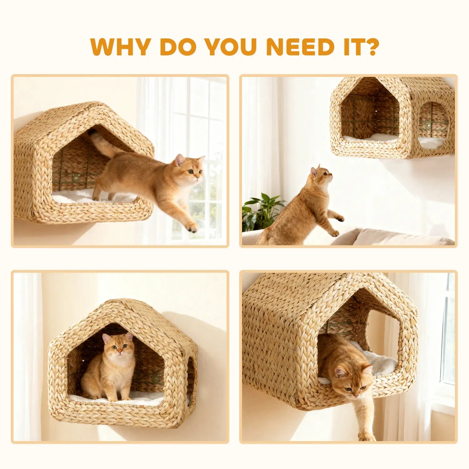 Maison pour chat tissée en jonc de mer beige à monter au mur, avec une entrée hexagonale et un intérieur rembourré tout en douceur pour un usage confortable par l’animal.