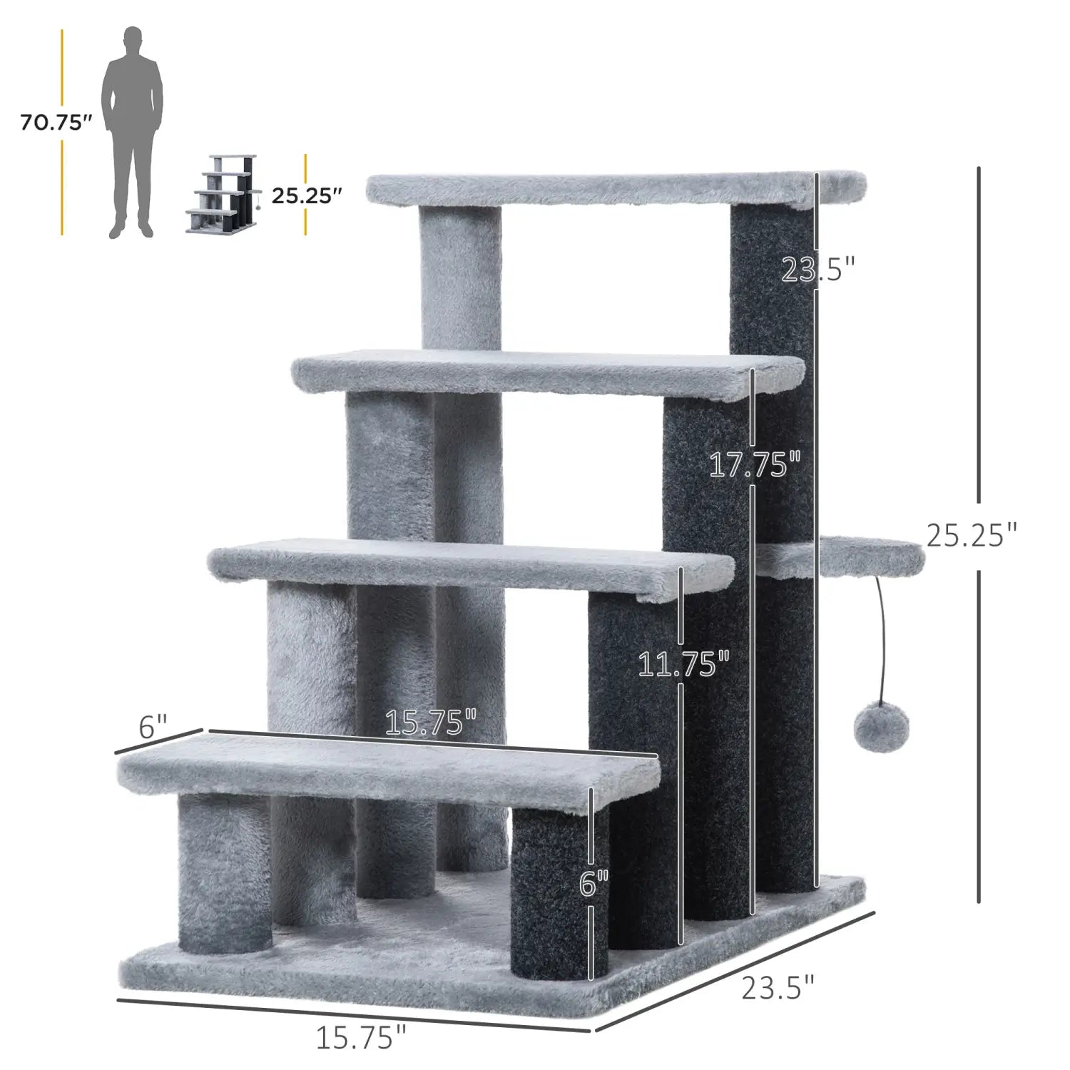 Pawhut gray four step cat tree with textured carpeted platforms and posts featuring a dangling ball toy for scratching and climbing.