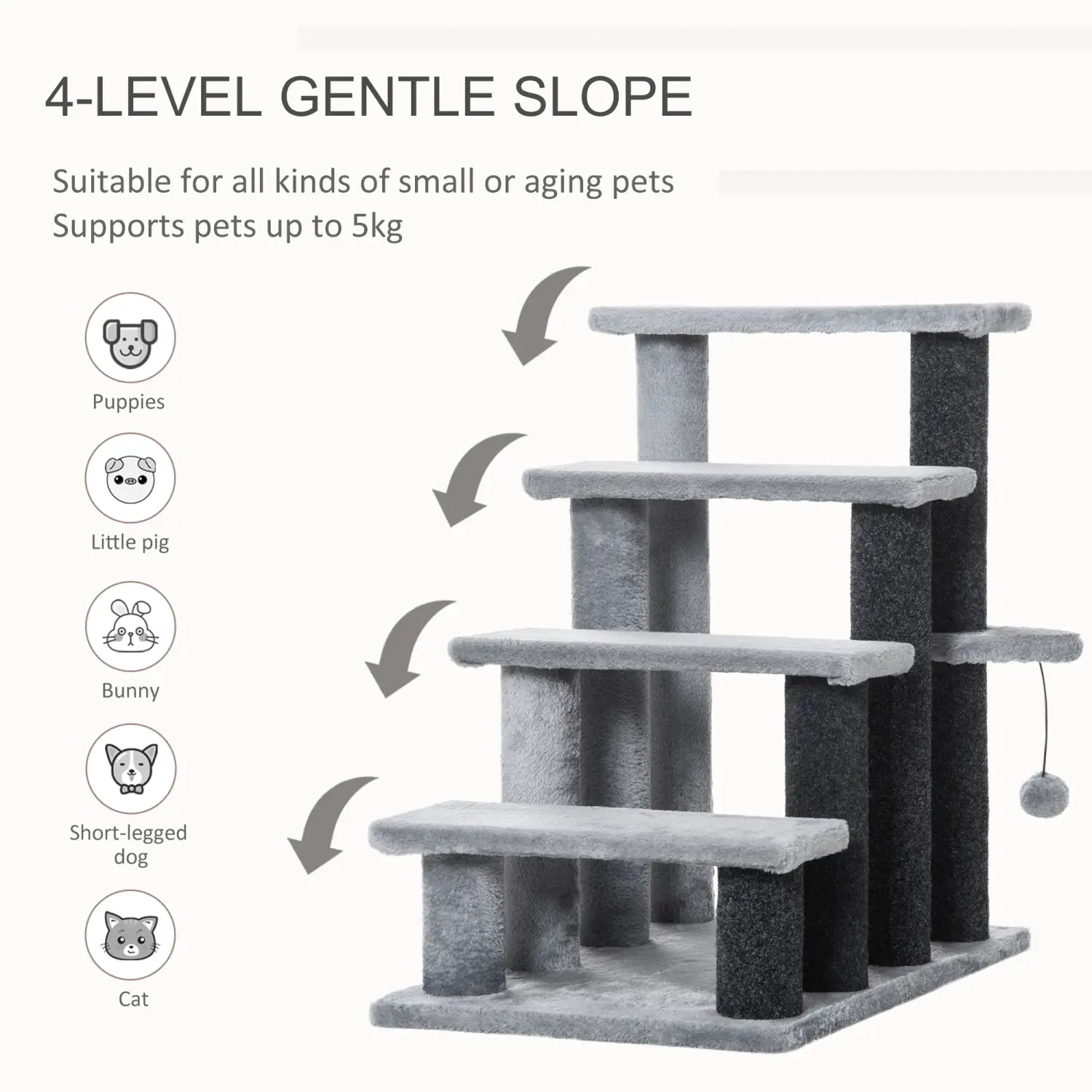 Pawhut gray four step cat tree with soft carpeted platforms and scratching posts made of durable material for multi-level cat entertainment and scratching.