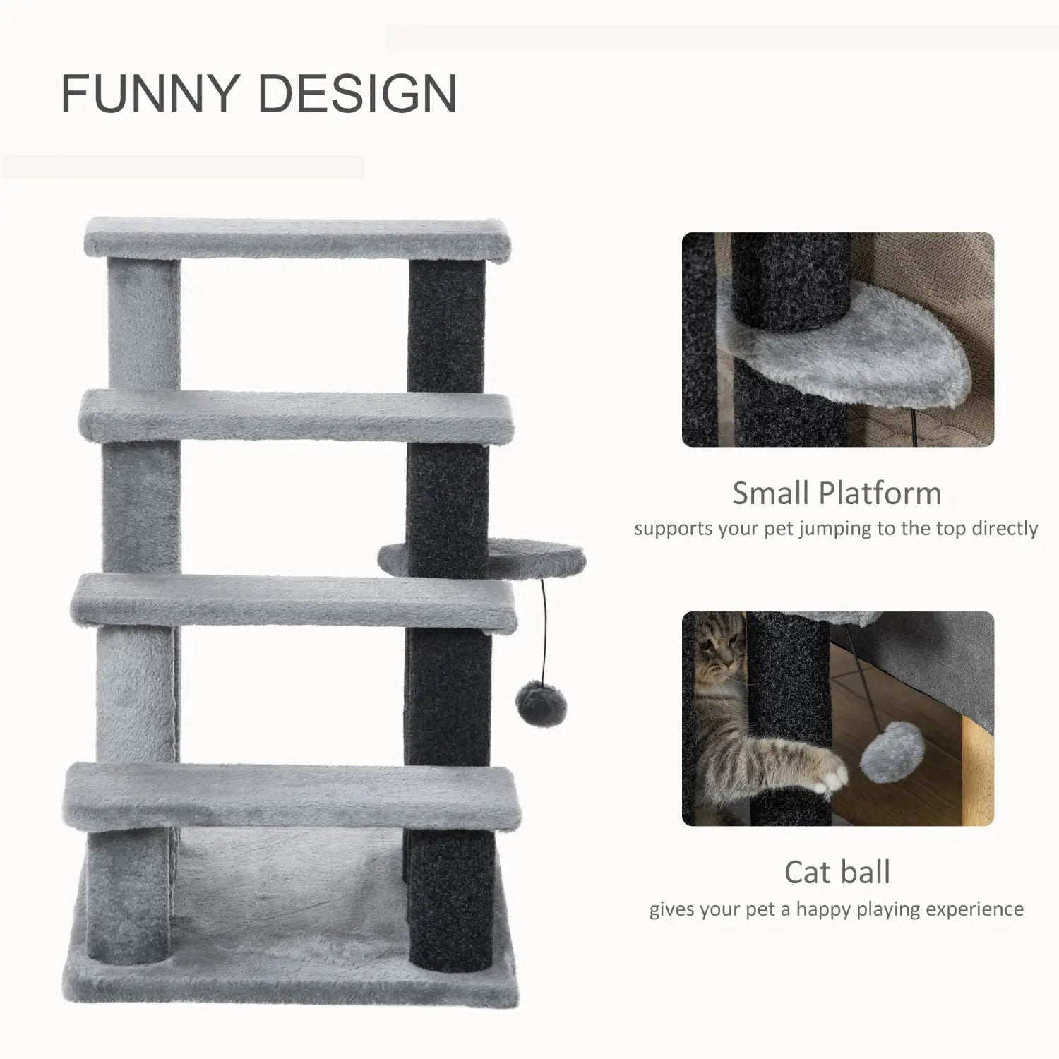 Pawhut gray four step cat tree featuring gray and black plush platforms, scratching posts, and a dangling ball toy for multi-level cat entertainment.