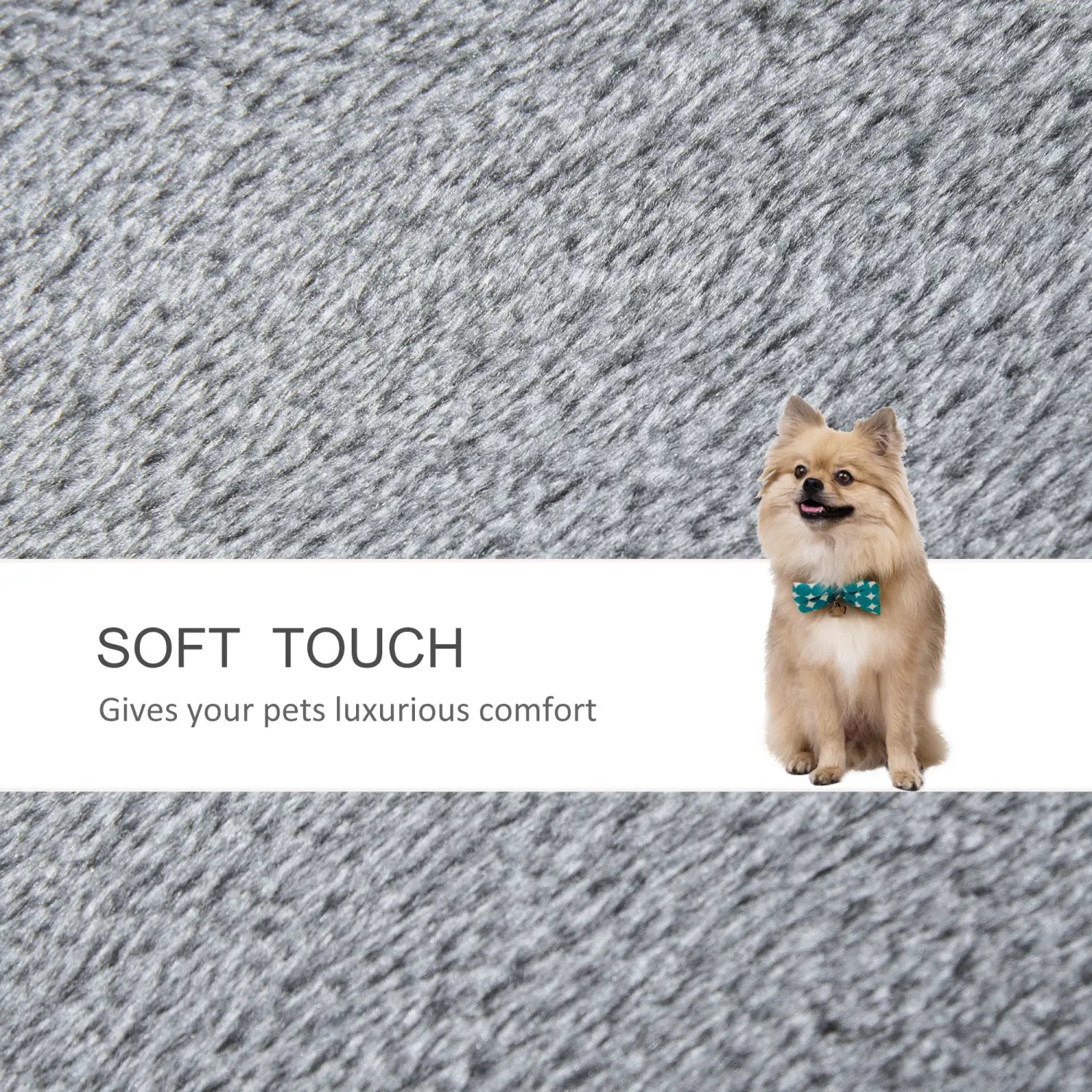 A fluffy tan Pomeranian wearing a teal bow tie sits on a textured gray fabric surface of the Pawhut gray four step cat tree with scratching posts.