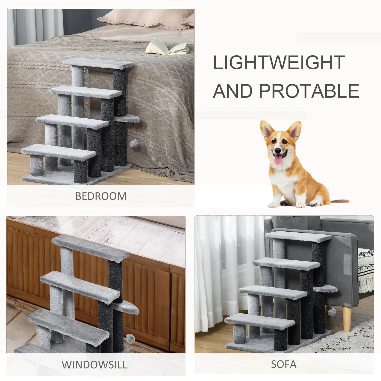 pawhut gray four step cat tree with scratching posts featuring a gray and black stair climber with textured carpeted steps for feline climbing and scratching activities.