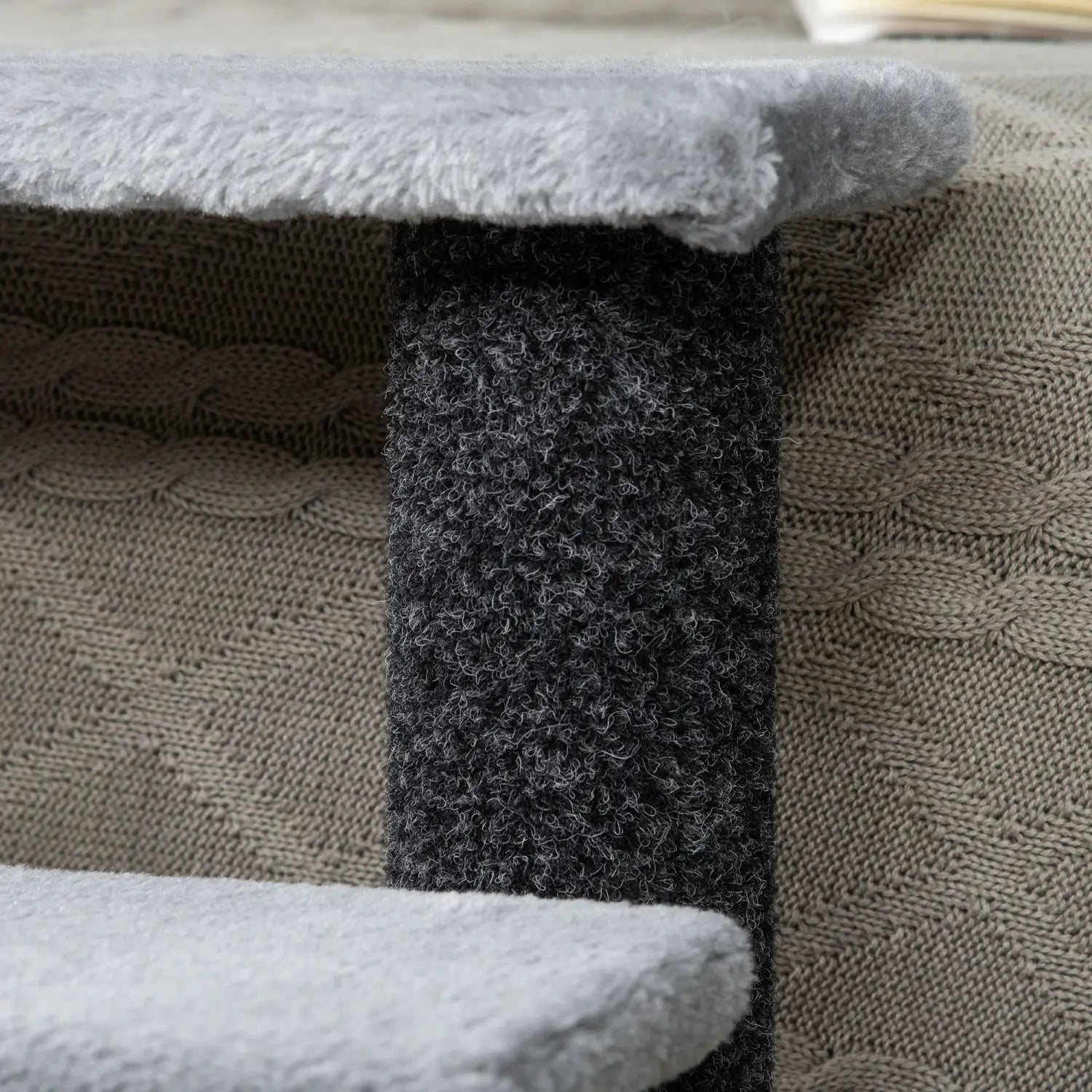 Pawhut gray four step cat tree featuring a gray plush perch and a textured dark gray scratching post in the center.