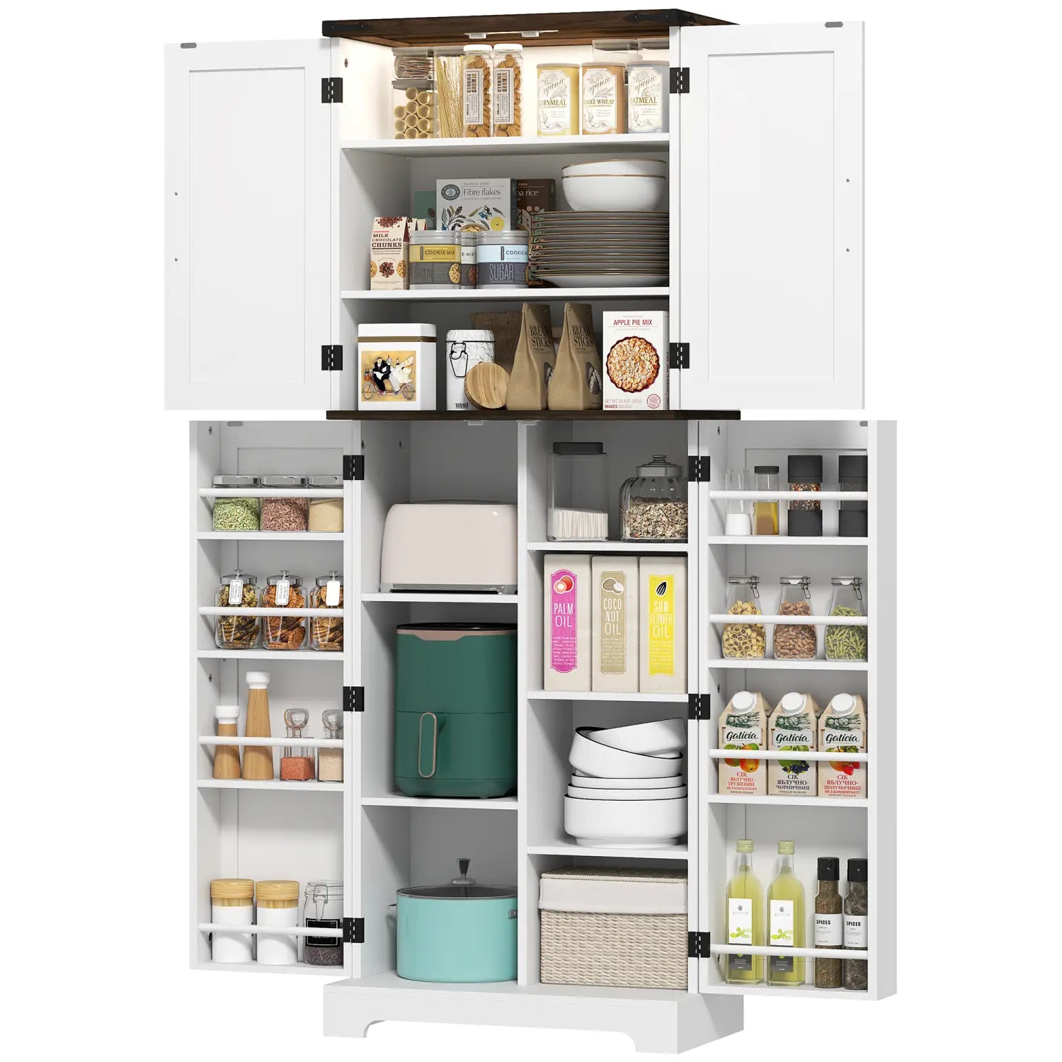 White kitchen pantry cabinet with LED light and spice racks featuring multiple shelves and doors stocked with kitchen items.