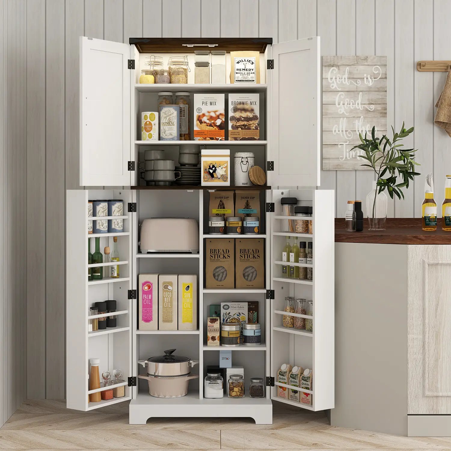 White kitchen pantry cabinet with led light and spice racks featuring multiple shelves and doors stocked with kitchen items