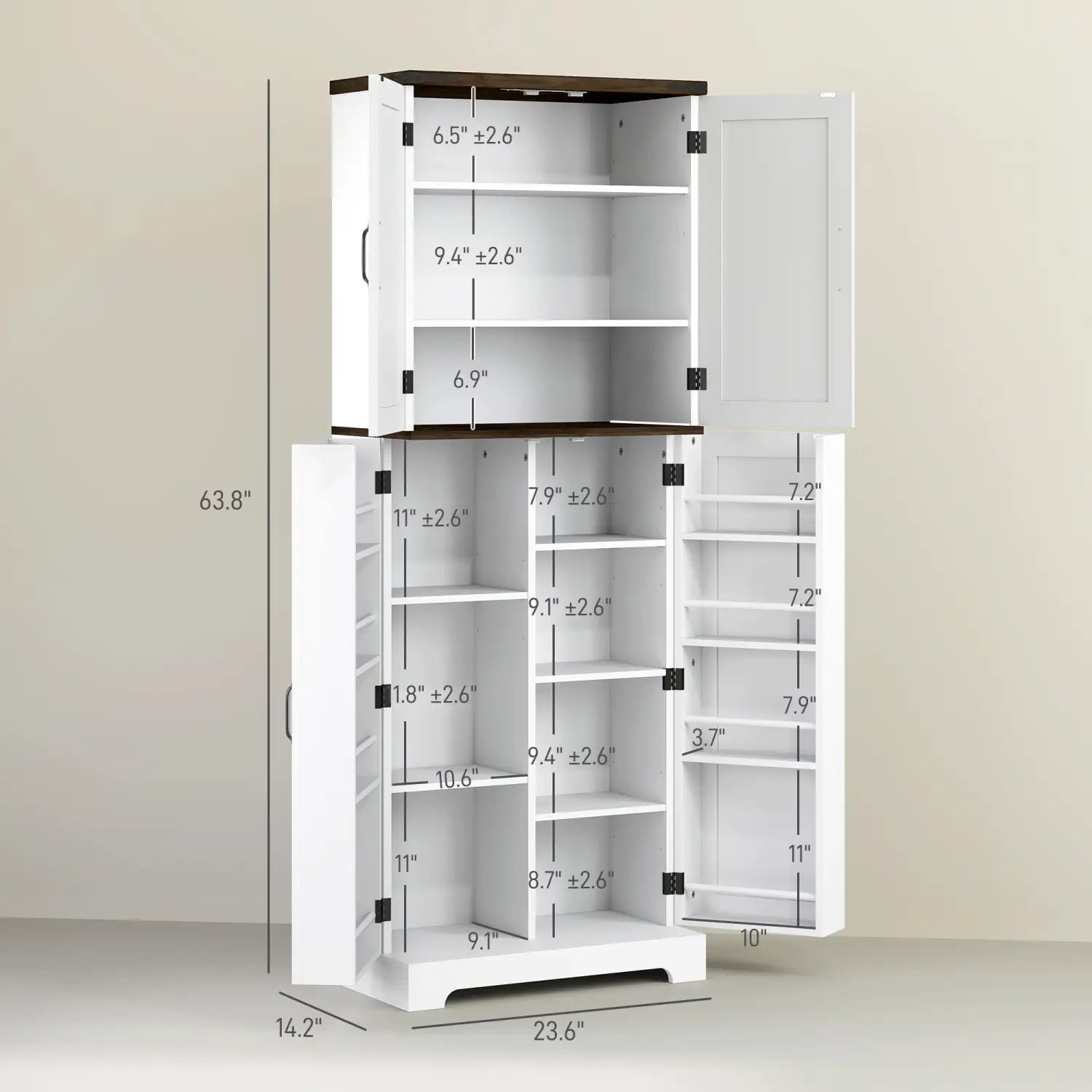 White and dark wood two-door kitchen pantry cabinet with adjustable shelves led light and spice racks designed for corner storage.