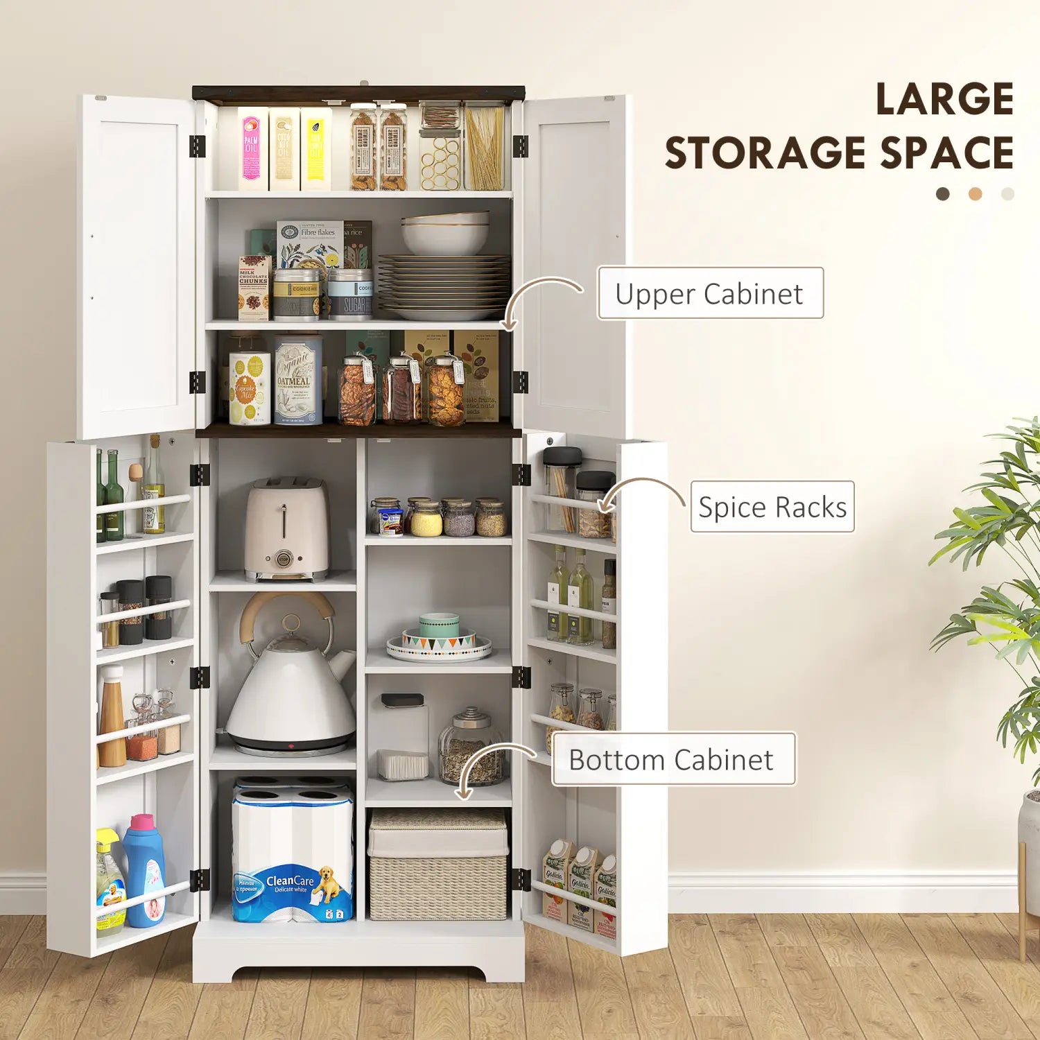 White kitchen pantry cabinet with dark wood trim featuring multiple shelves, led light, and spice racks for organized kitchen storage.