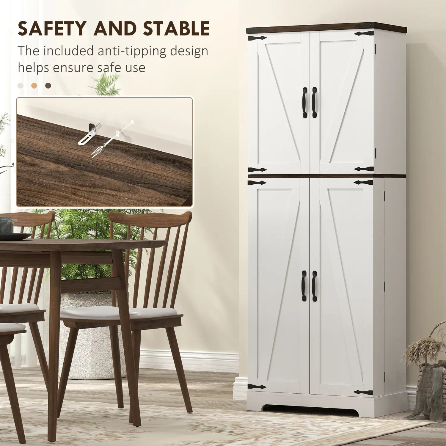 White two-door kitchen pantry cabinet with dark wood trim black hardware led light and built-in spice racks.