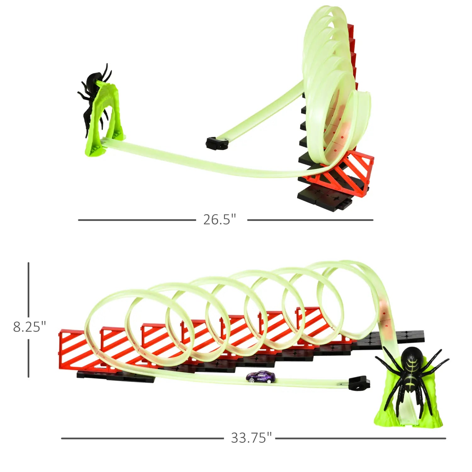 circuit de course jouet araignée avec boucle, jouet avec des composants en plastique fluorescents vert néon et rouge, dotés de pièces pour motif phosphorescent, comprenant une voiture violette et des figurines d’araignée noires.