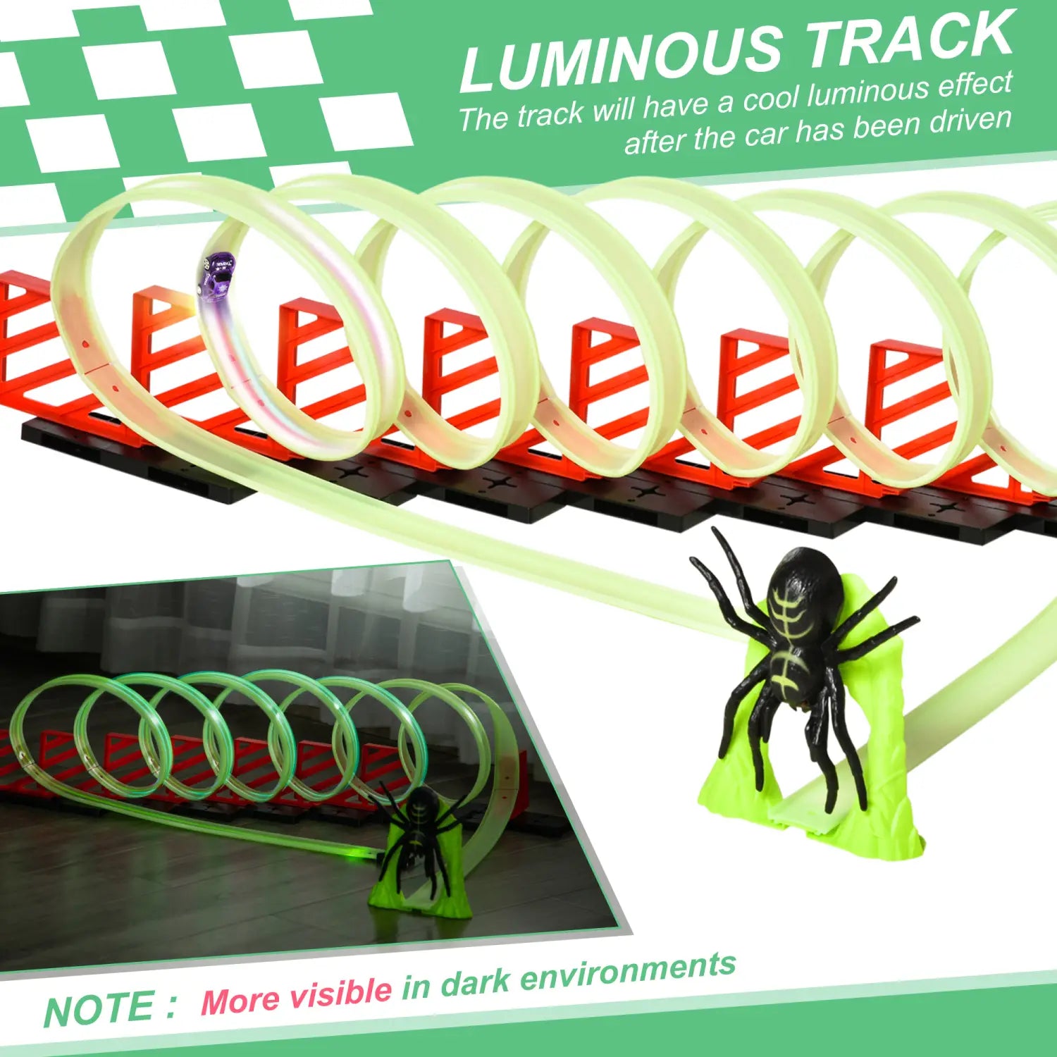 circuit de course jouet araignée avec boucle, avec un circuit en plastique vert et rouge lumineux, des anneaux lumineux et des obstacles d’araignée noirs pour jouer avec une voiture
