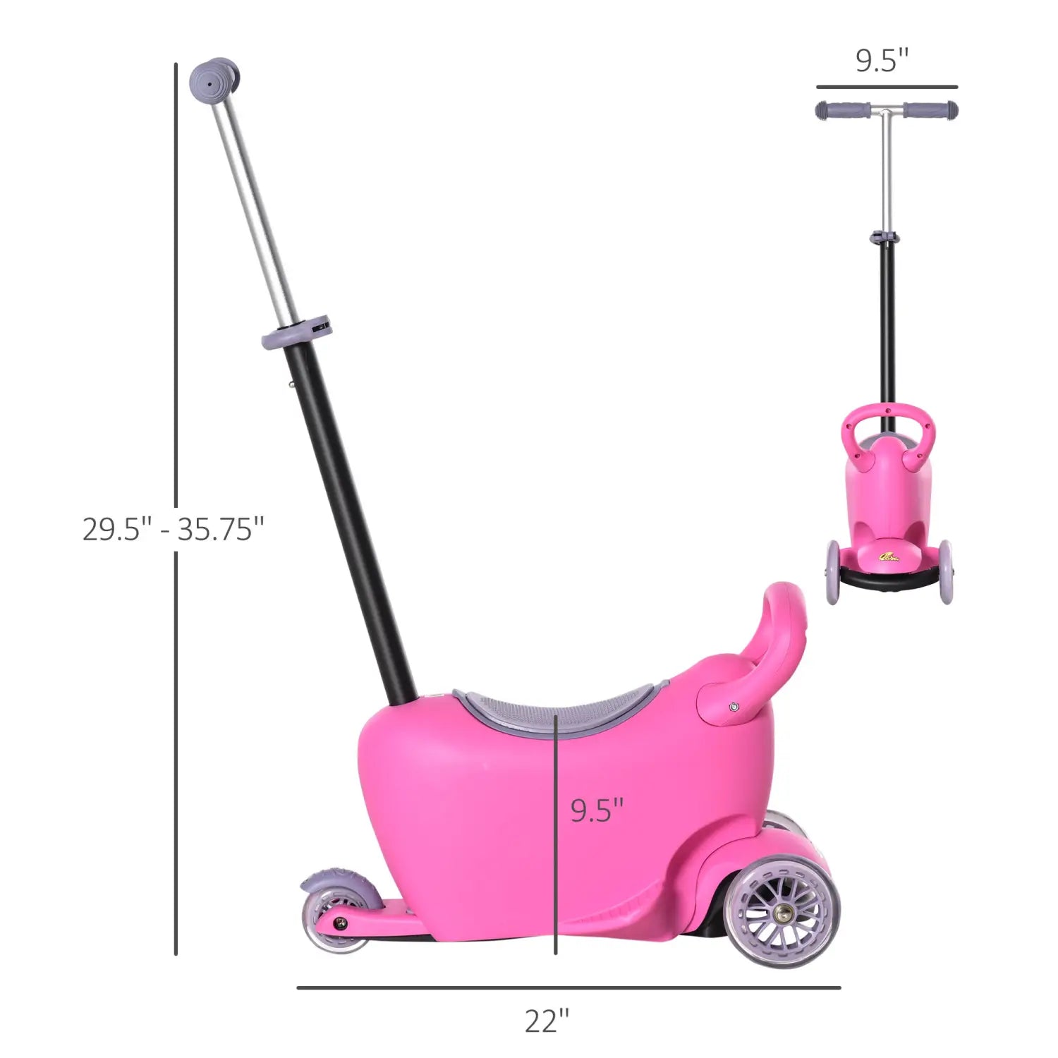 Pink 3-in-1 kids scooter with built-in seat and handlebars featuring gray wheels and black frame components for ages 2 to 6 years.
