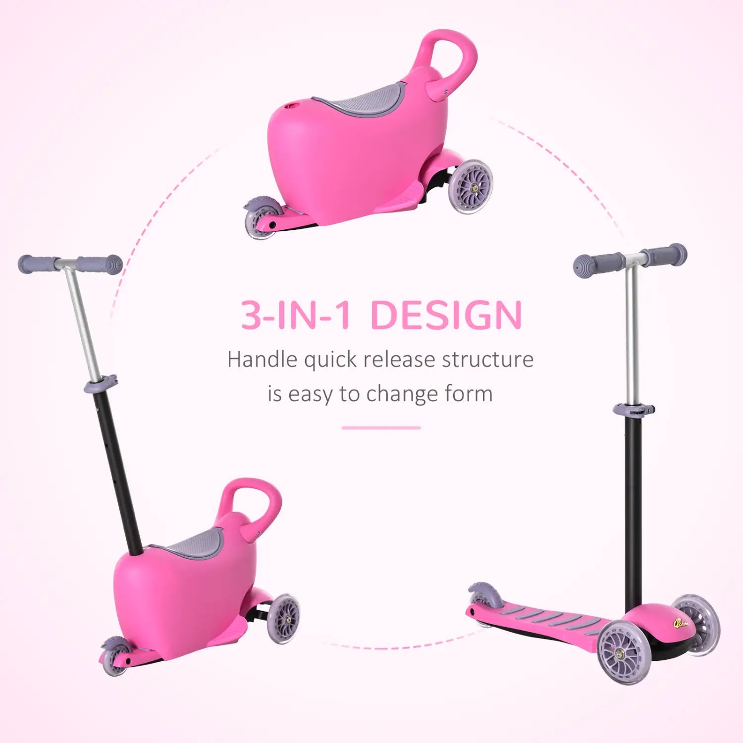Pink 3-in-1 kids scooter ride on push walker with plush seat and gray wheels designed for easy form changes for children aged 2 to 6 years.
