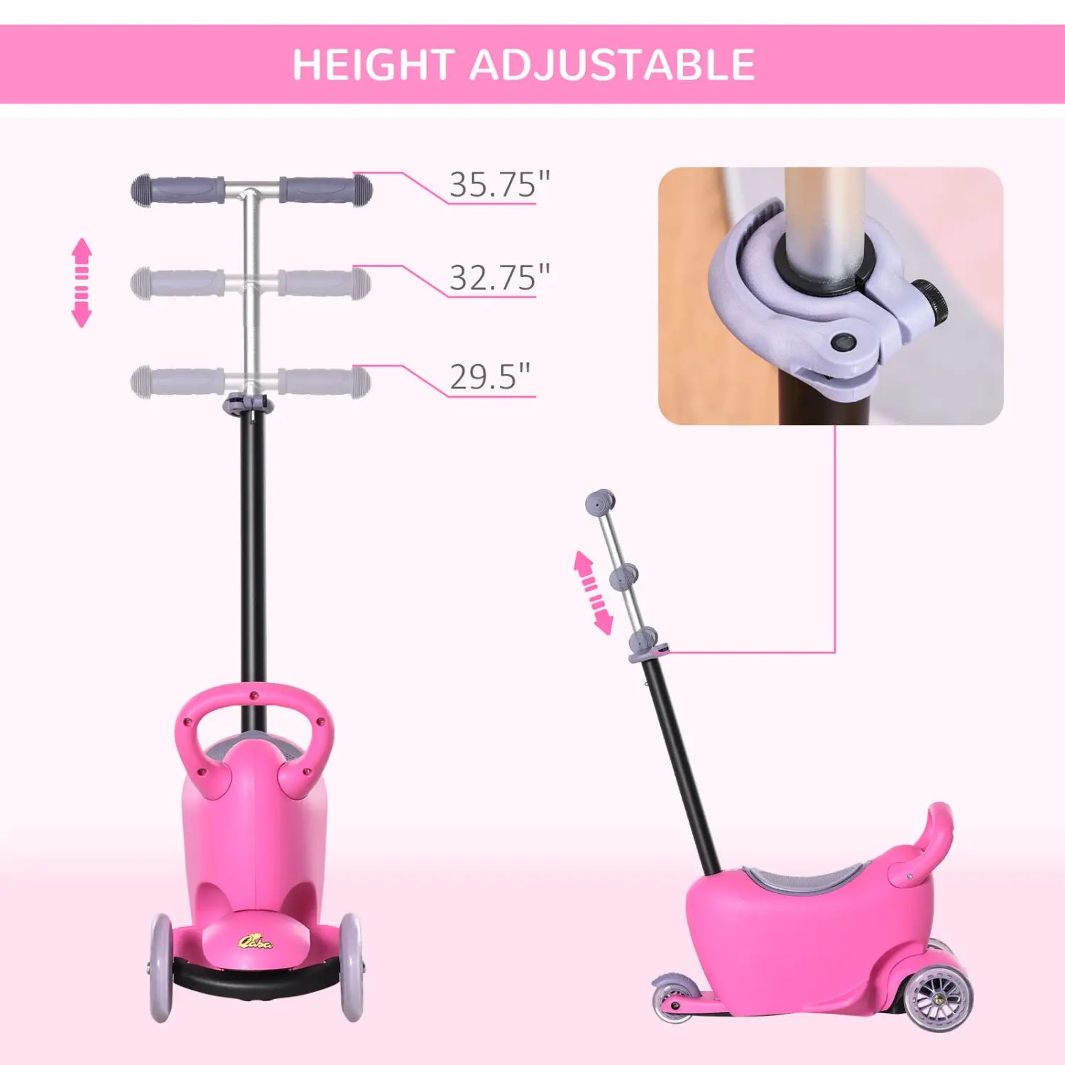 Pink 3-in-1 kids scooter with height-adjustable feature gray handle grips and wheels designed as a ride-on push walker for children aged 2 to 6 years.
