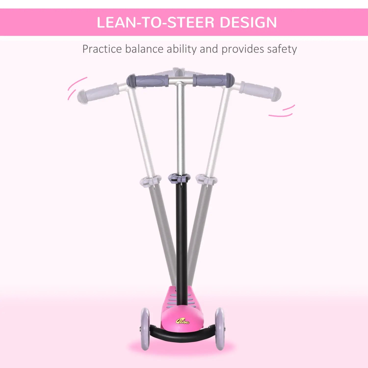 Pink and black 3-in-1 kids scooter ride on push walker with gray handlebars featuring a lean-to-steer design for children aged 2 to 6 years
