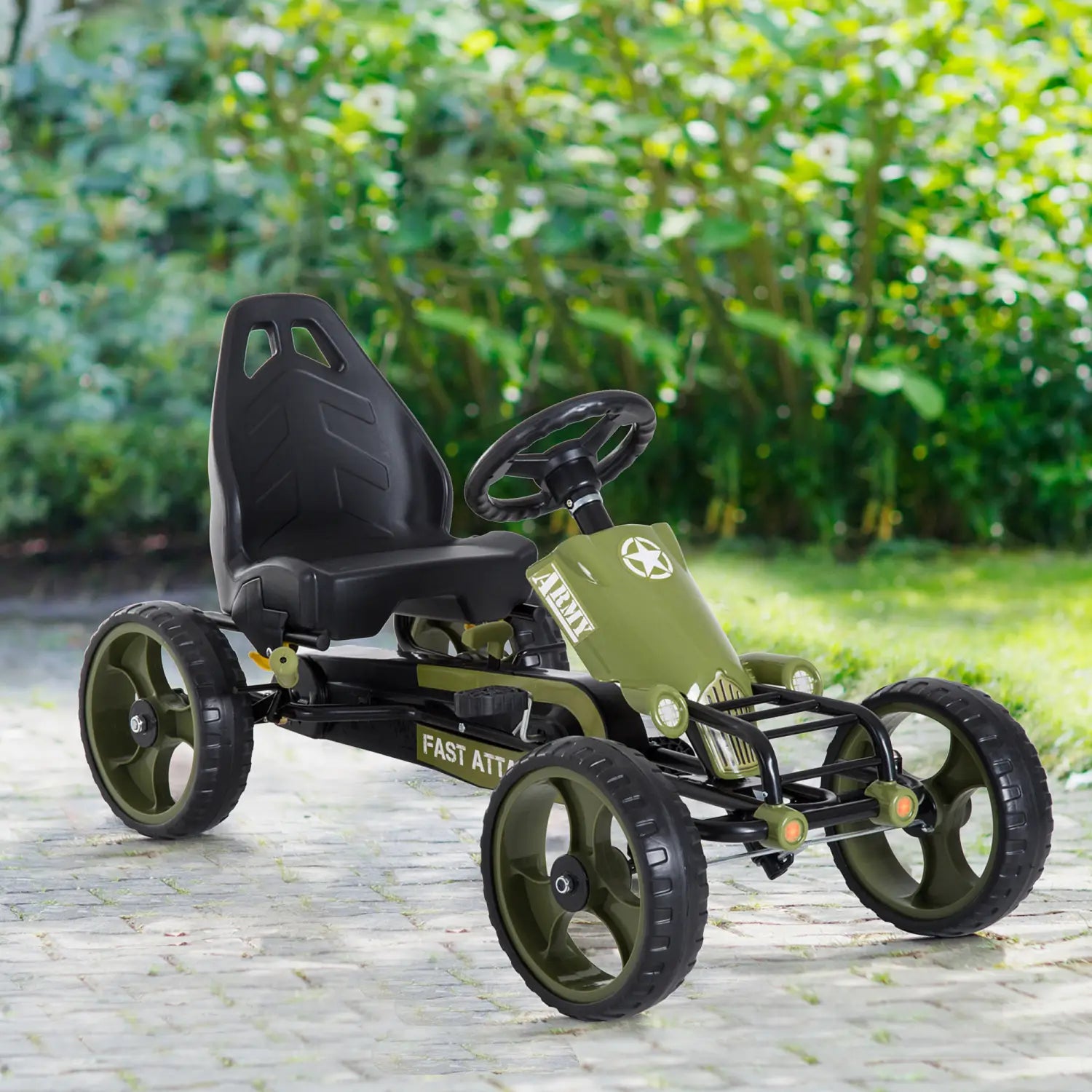 Olive green military-themed pedal go kart for kids with adjustable black seat and steering wheel featuring army branding and star insignia.