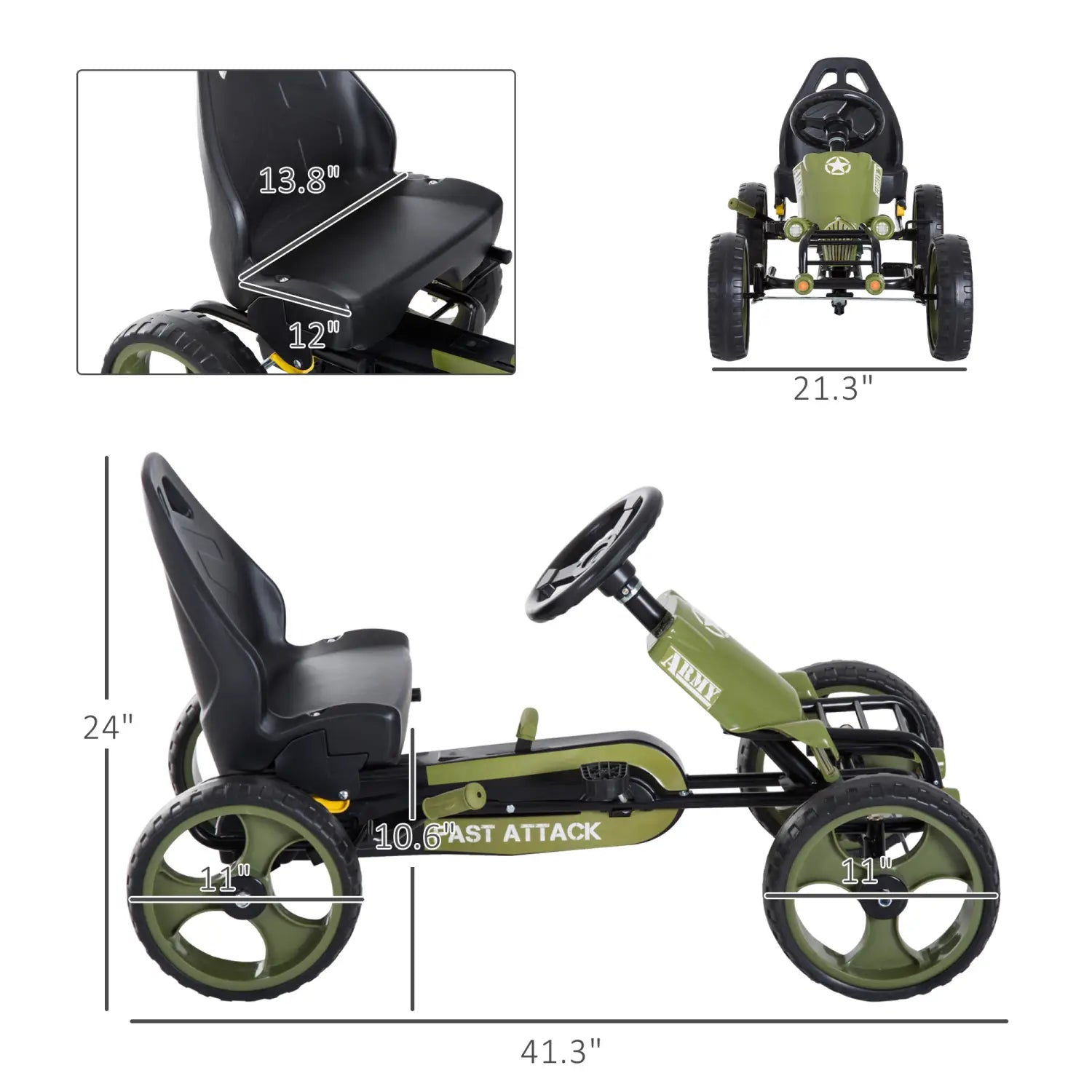 Pedal go kart for kids army green with adjustable seat featuring olive green and black military-themed design and army branding on the side.