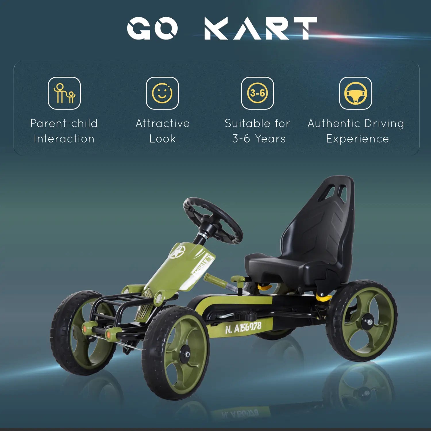 olive green and black children’s pedal go-kart with a sporty design and adjustable seat shown from the back side