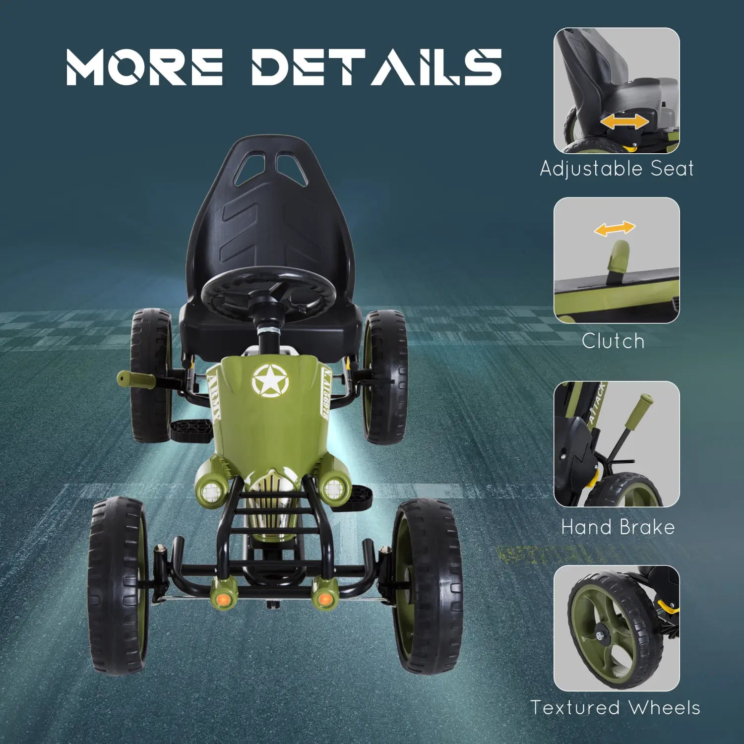 olive green and black children’s pedal go-kart with adjustable seat and star emblem designed for outdoor play