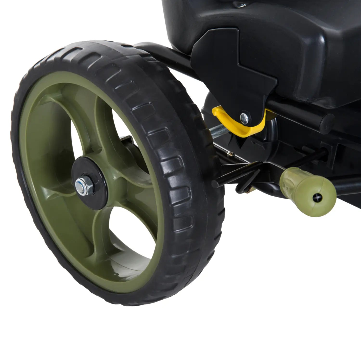olive green and black plastic wheel with textured tread pattern on pedal go kart for kids with adjustable army green seat